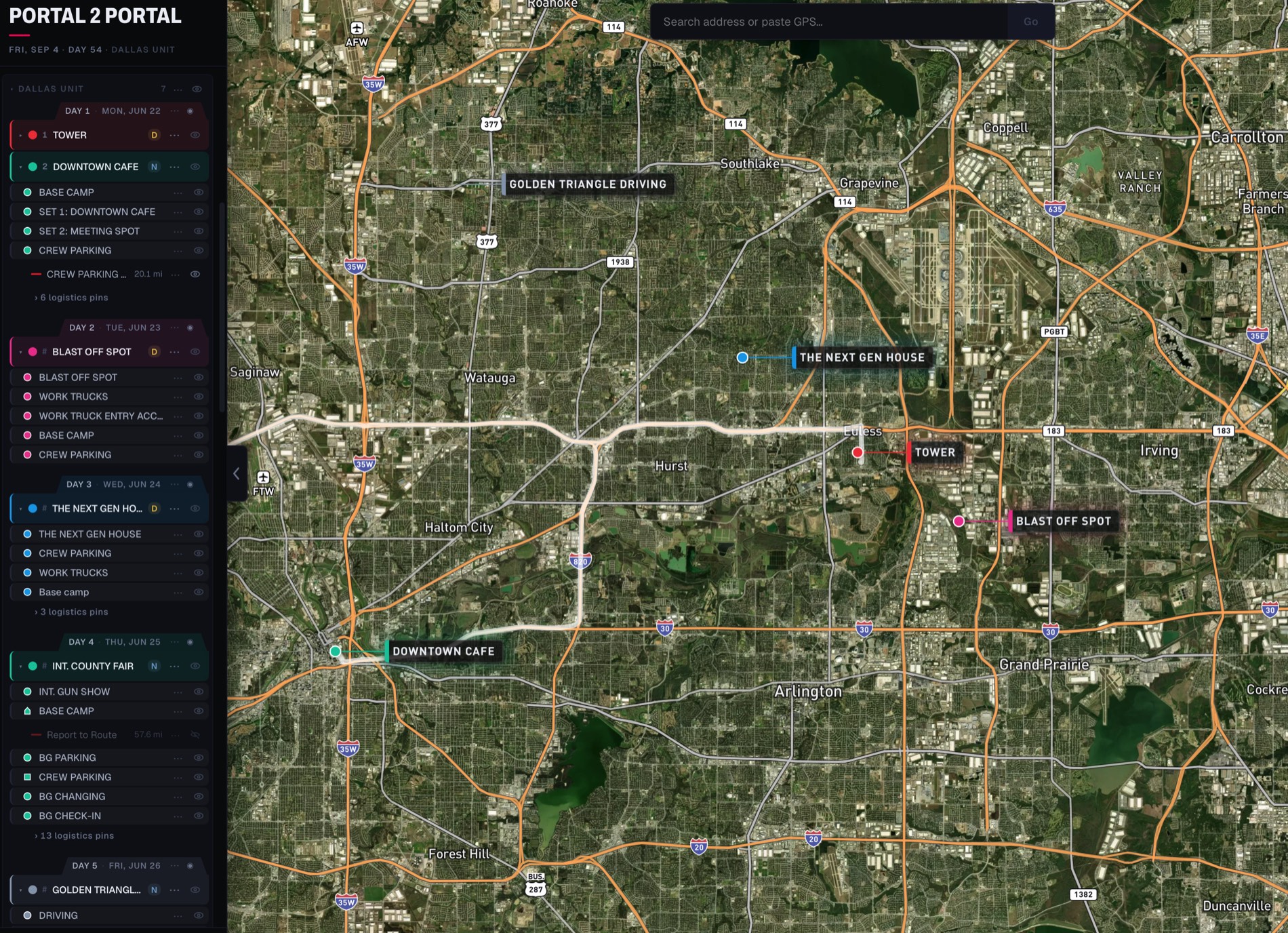 The stripboard panel beside the map — shoot days with their dates, each strip carrying its locations, day/night chips and drive mileage.